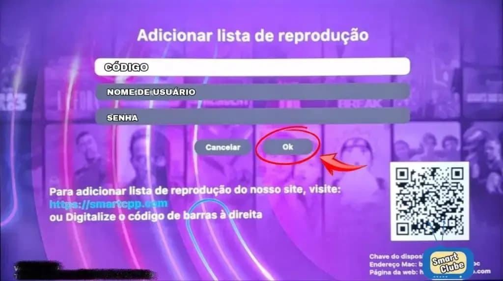 Inserindo dados de acesso IPTV no Assist Plus — servidor, usuário e senha