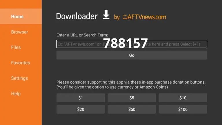 Digitando código 788157 no Downloader para baixar IPTV Smarters Pro