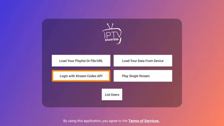 Tela de login do IPTV Smarters Pro — selecionando Xtream Codes API