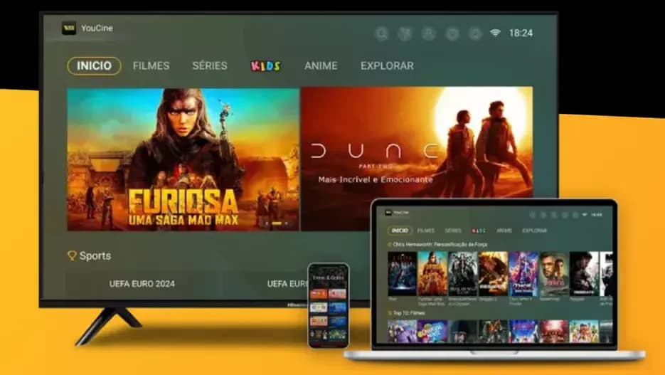 YouCine rodando em Smart TV, notebook e celular